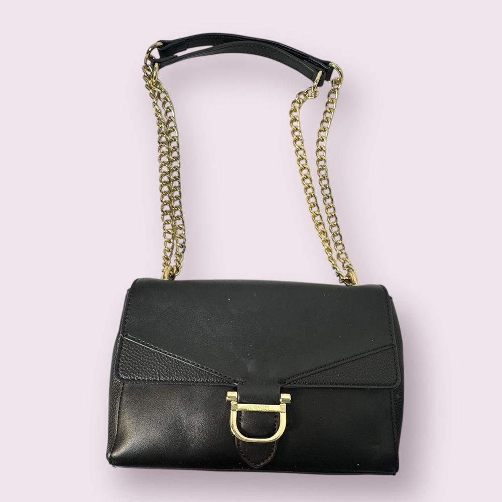 Nine West Bedford Black Convertible Shoulder & Crossbody Gold Chain Handbag
